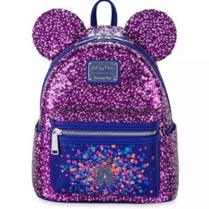 NWOT Disney Parks Loungefly Purple Sequin Paris Mini Backpack Castle Detail